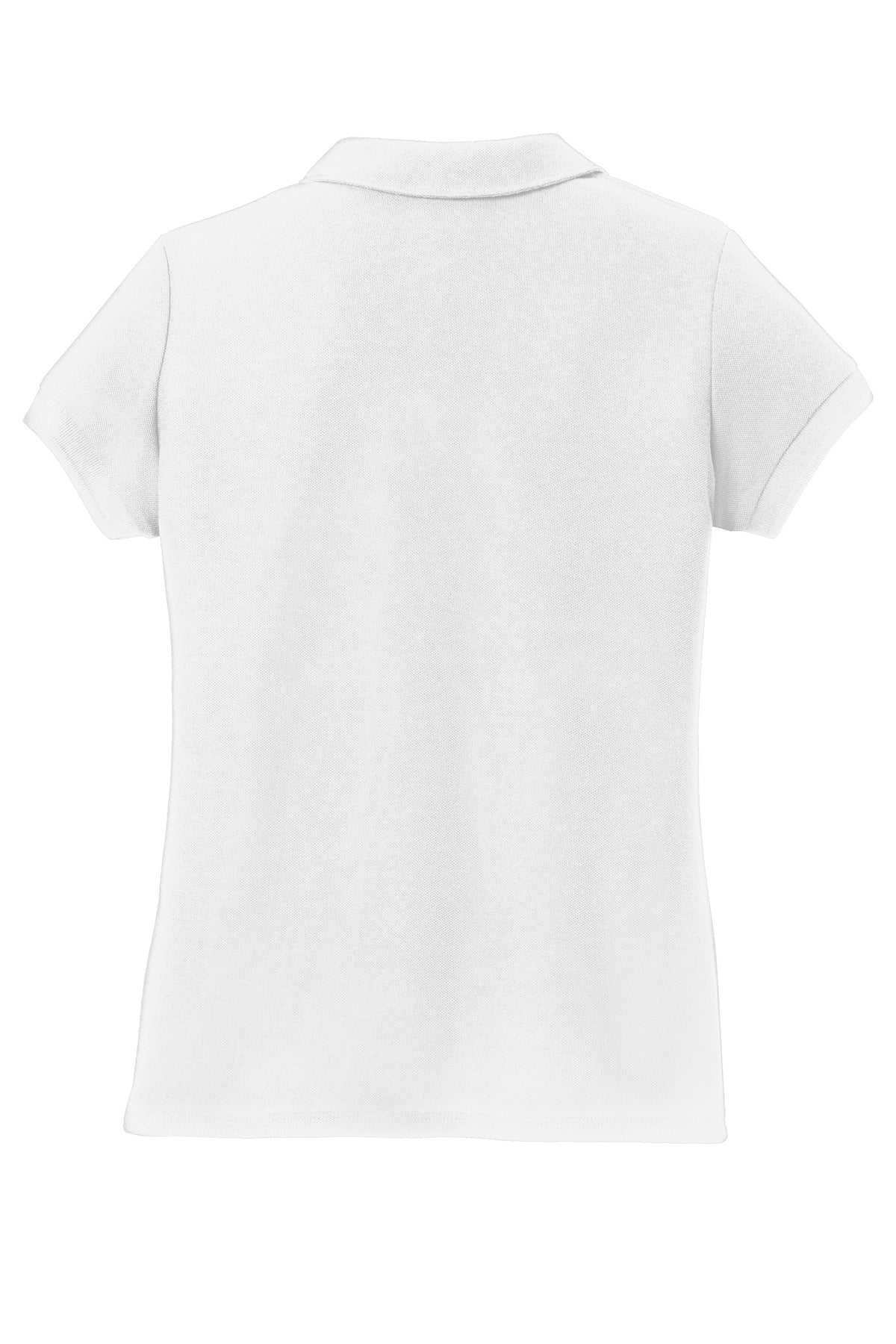 Rear View of White Port Authority Girls Silk Touch Peter Pan Collar Polo. YG503