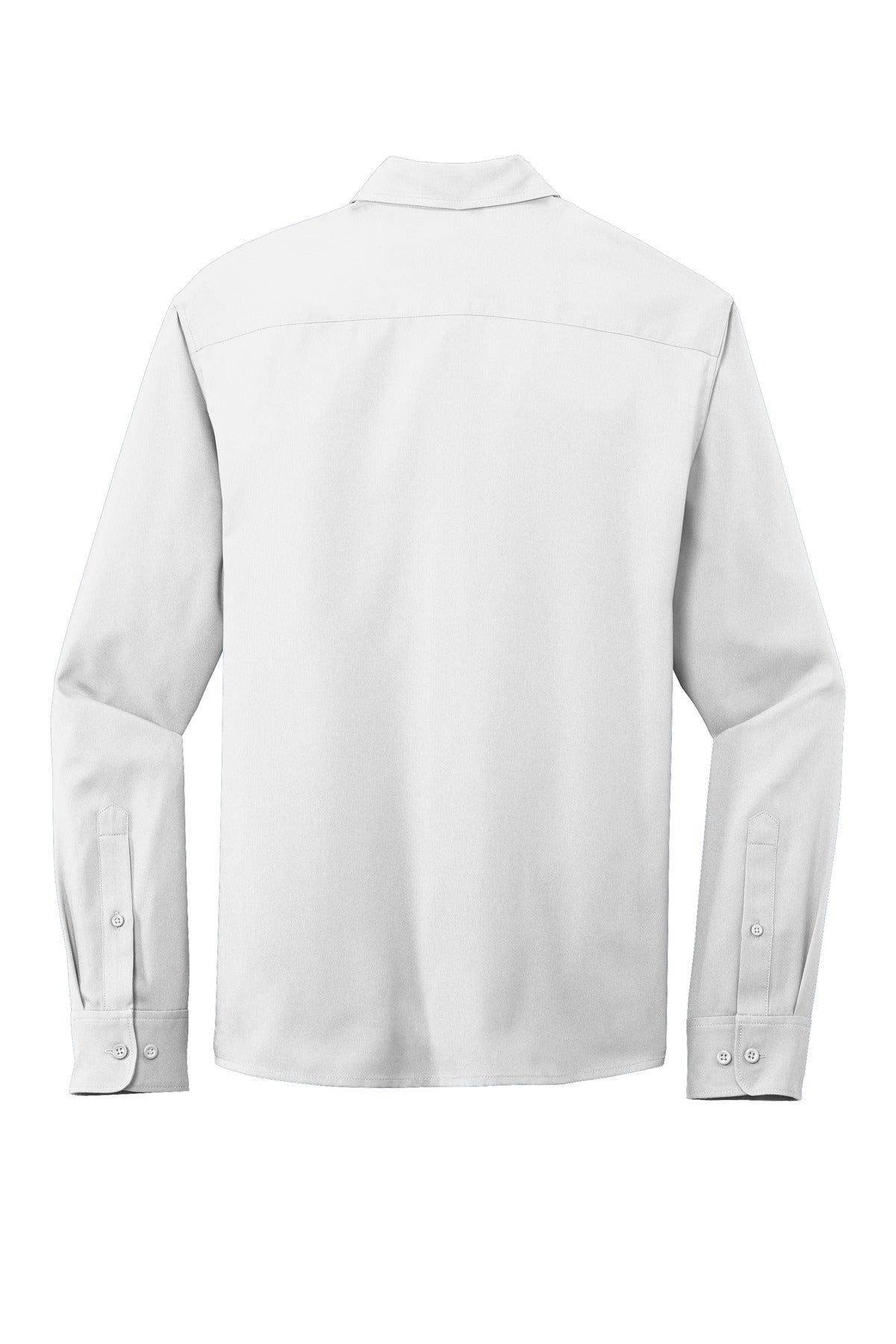 Rear View of White Port Authority Long Sleeve Performance Staff Shirt W401