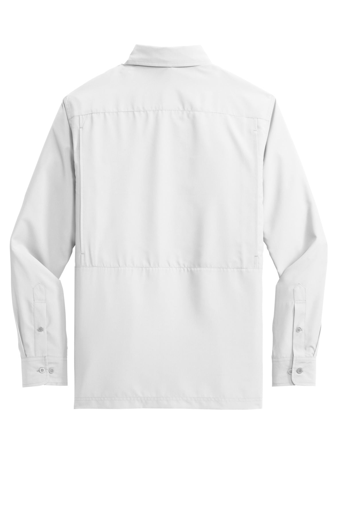 Rear View of White Port Authority Long Sleeve UV Daybreak Shirt W960