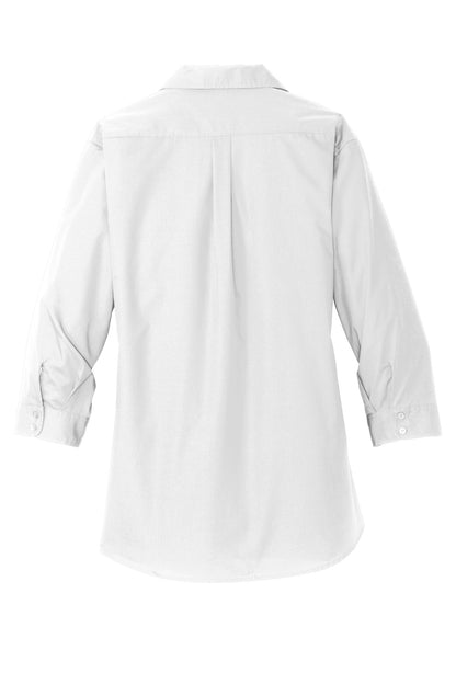 Rear View of White Port Authority Women's 3/4-Sleeve Carefree Poplin Shirt. LW102