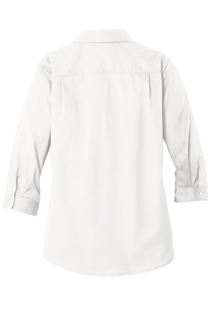 Rear View of White Port Authority Women's 3/4-Sleeve SuperPro Twill Shirt. L665