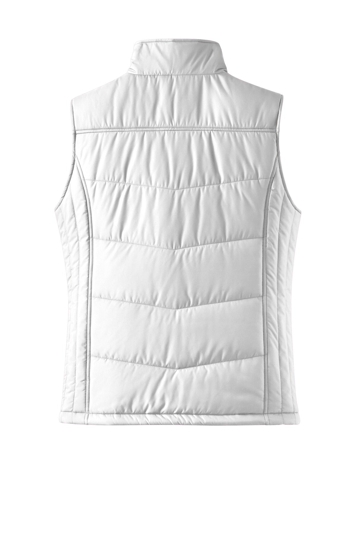Rear View of White Port Authority Women's Puffy Vest. L709