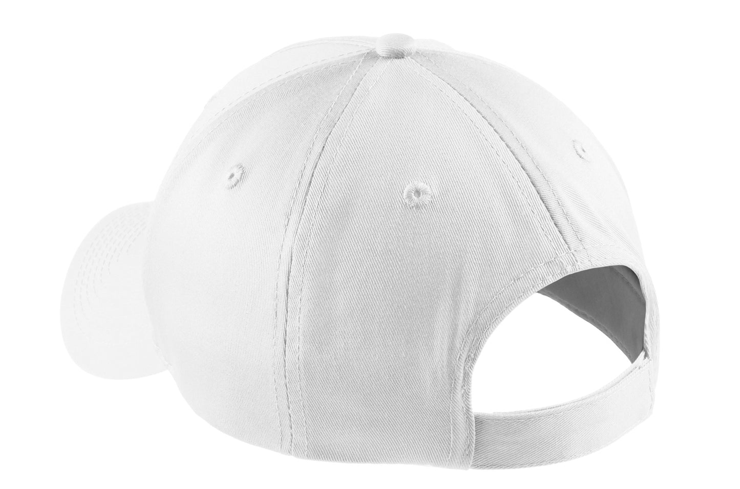 Rear View of White Port & Company Five-Panel Twill Cap. CP86