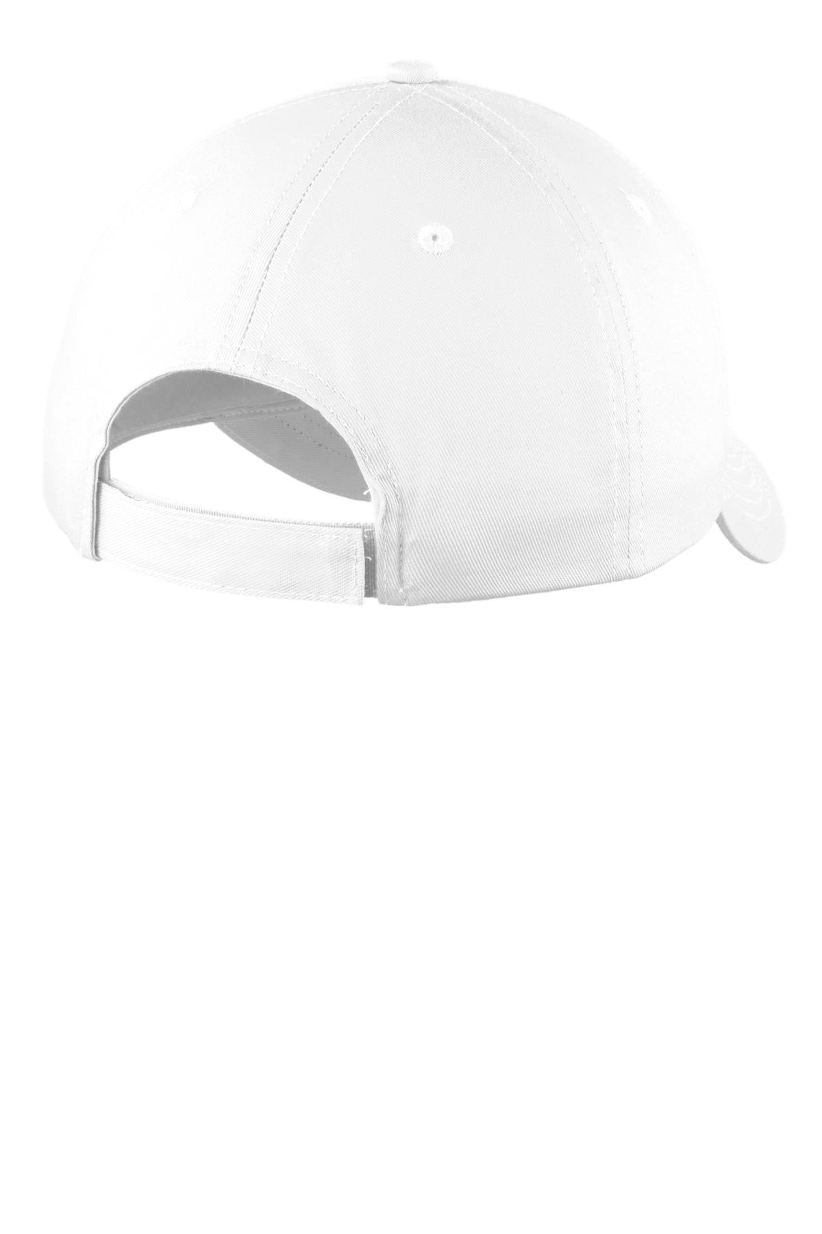 Rear View of White Port & Company Youth Six-Panel Unstructured Twill Cap. YC914