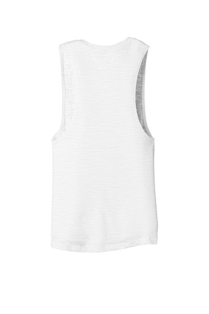 Rear View of White Slub BELLA+CANVAS Women's Flowy Scoop Muscle Tank. BC8803