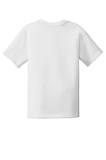 Rear View of White Solid New Era Youth Series Performance Crew Tee. YNEA200