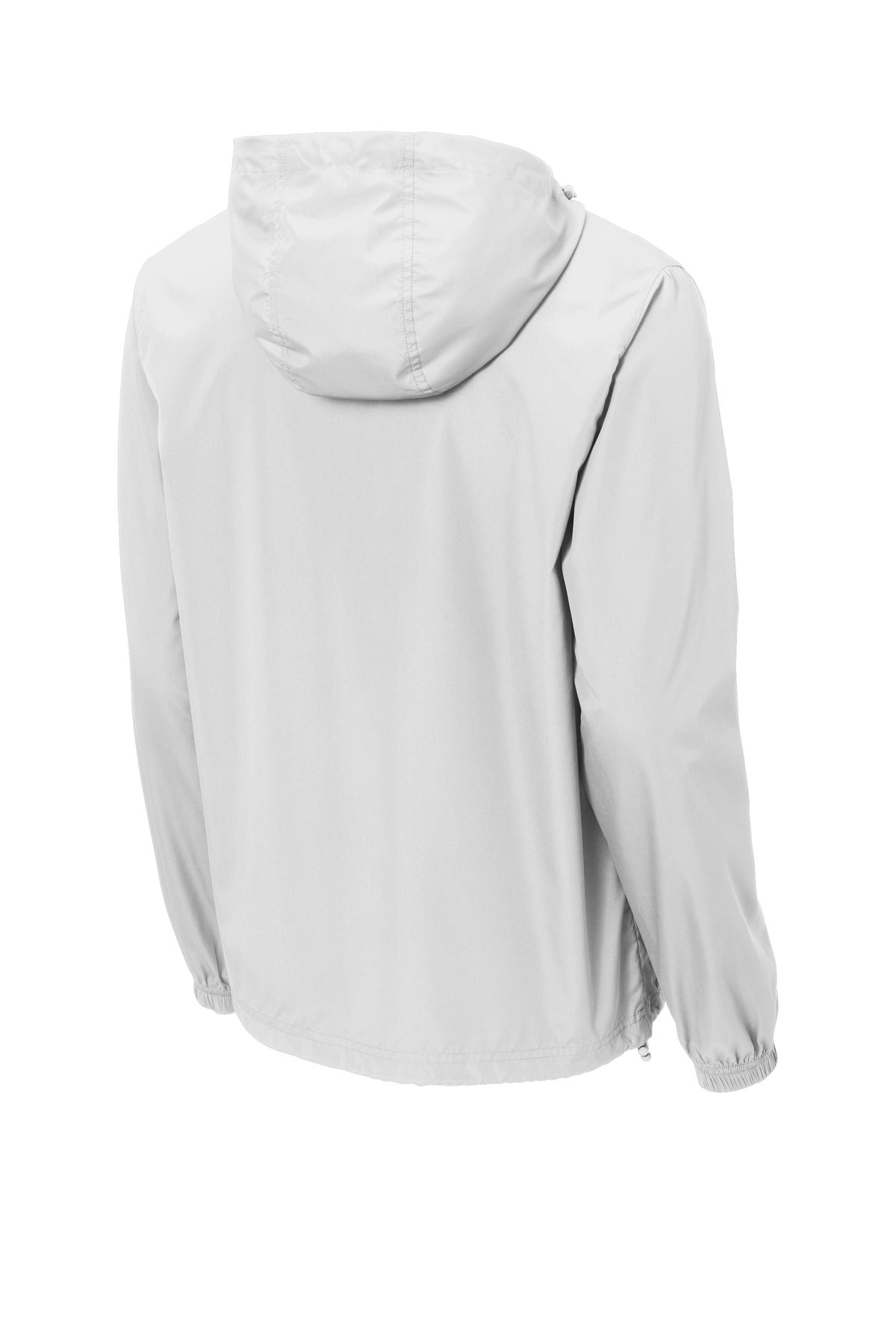Rear View of White Sport-Tek Packable Anorak. JST66