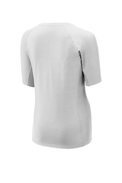 Rear View of White Sport-Tek Women's Rashguard Tee. LST470
