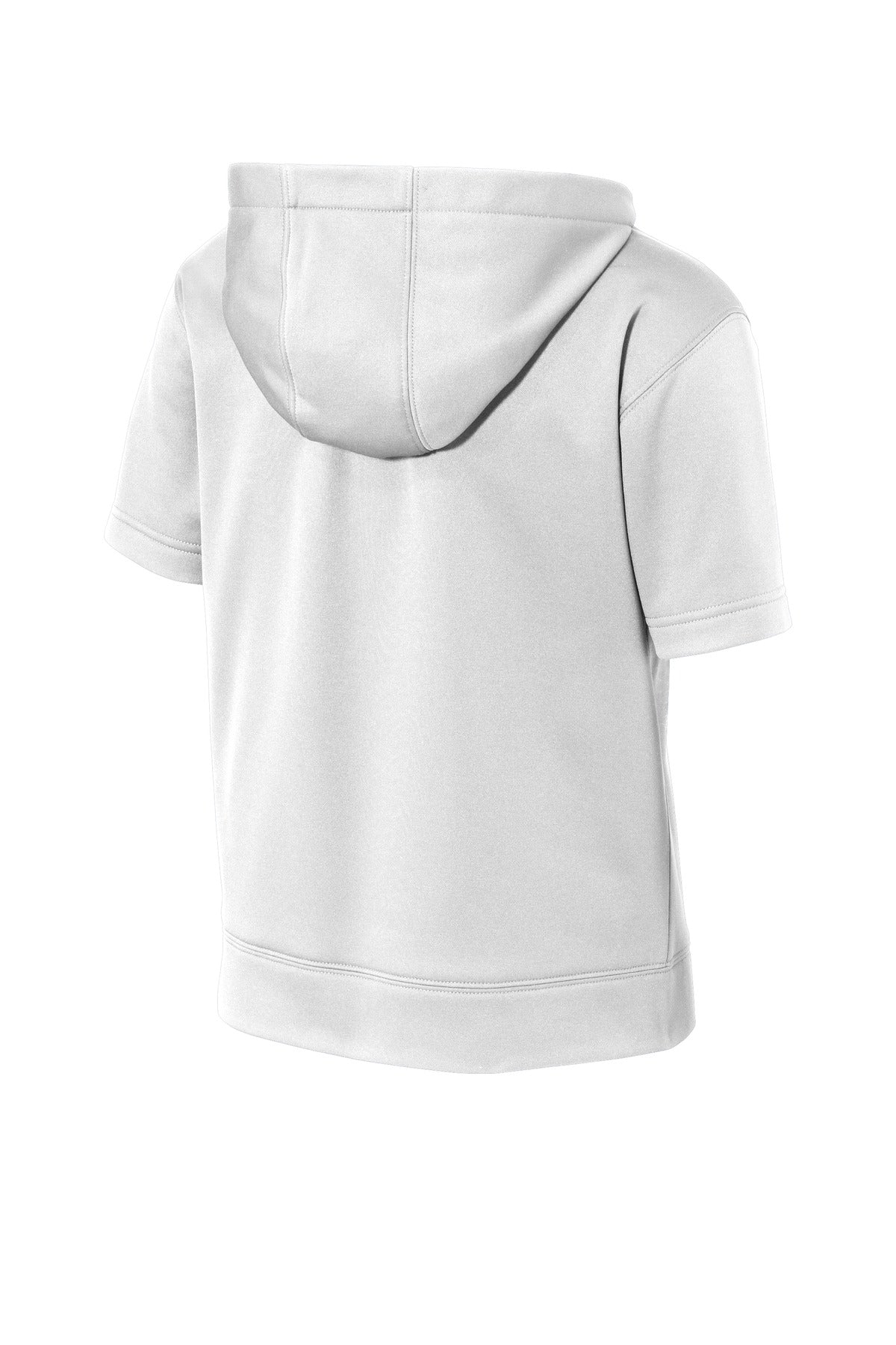 Rear View of White Sport-Tek Youth Sport-Wick Fleece Short Sleeve Hooded Pullover. YST251
