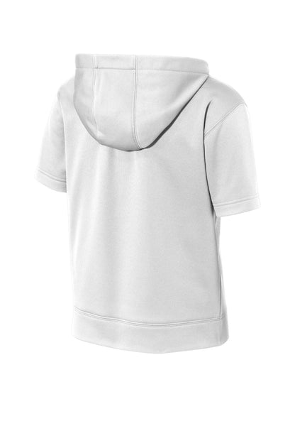 Rear View of White Sport-Tek Youth Sport-Wick Fleece Short Sleeve Hooded Pullover. YST251