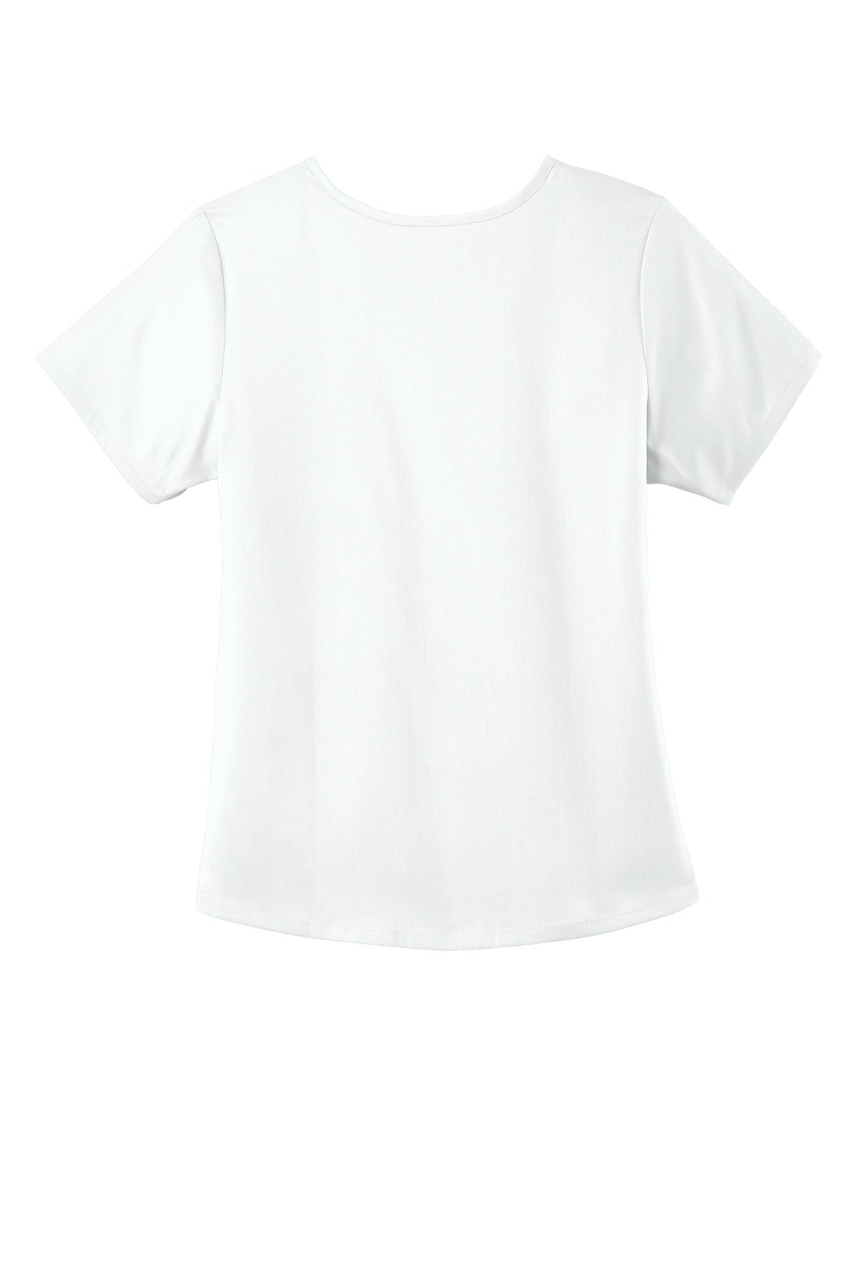 Rear View of White Wink Women's Premiere Flex Mock Wrap Top WW4268