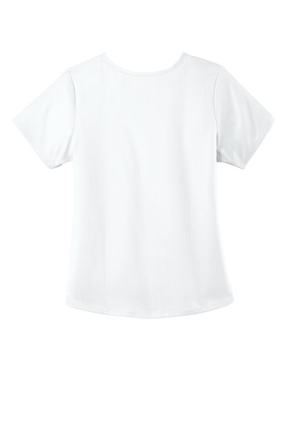Rear View of White Wink Women's Premiere Flex Mock Wrap Top WW4268