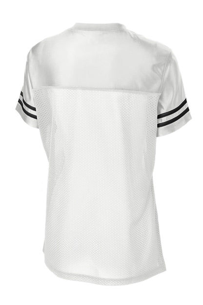 Rear View of White/Black Sport-Tek Women's PosiCharge Replica Jersey. LST307