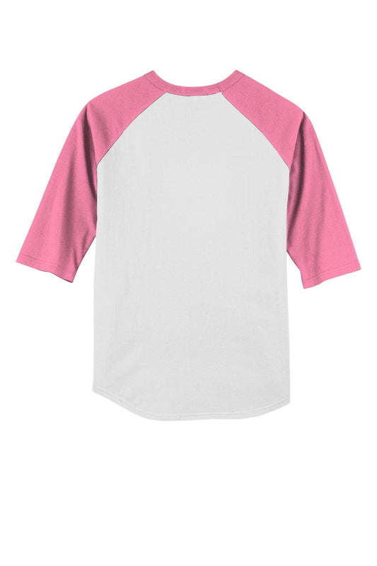 Rear View of White/Brt Pink Sport-Tek Youth Colorblock Raglan Jersey. YT200