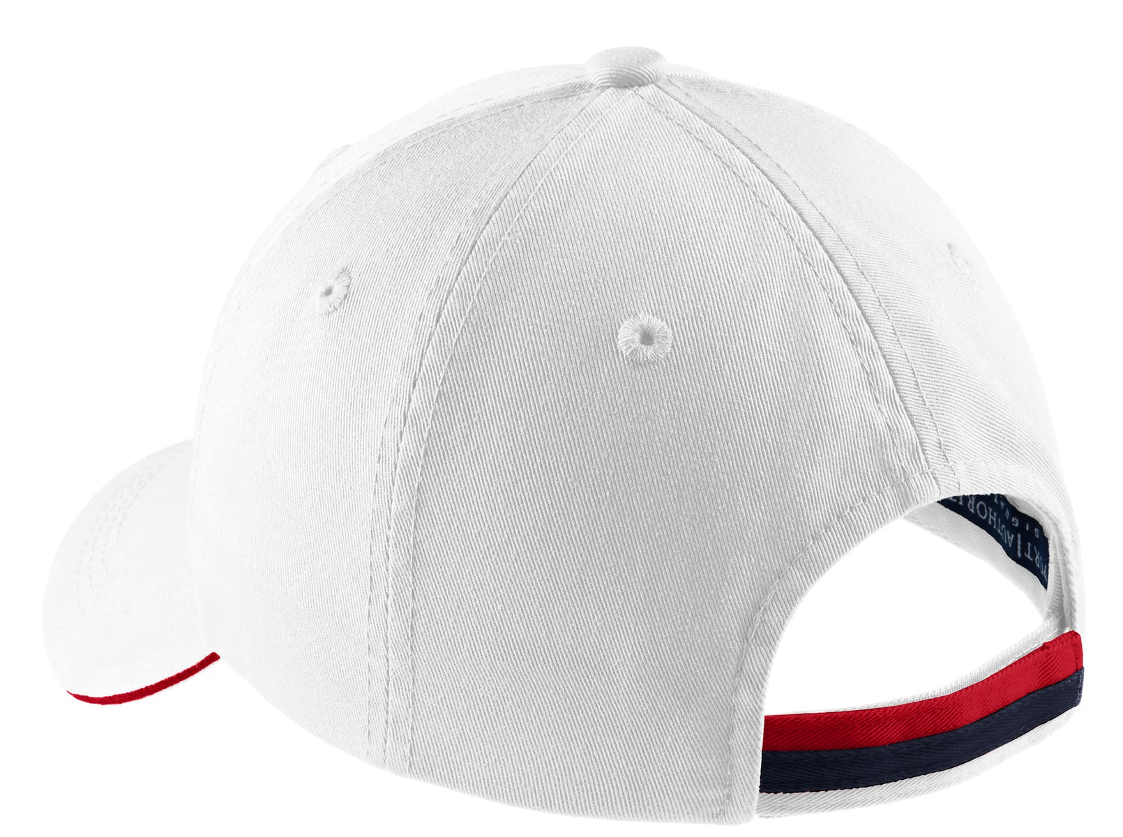 Rear View of White/Cl Ny/Rd Port Authority Sandwich Bill Cap with Striped Closure. C830
