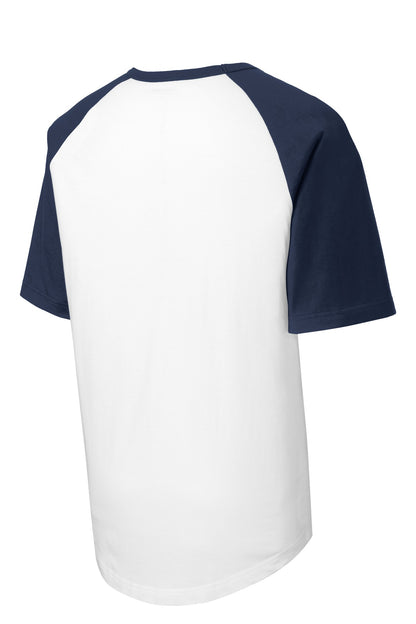 Rear View of White/Navy Sport-Tek Youth Short Sleeve Colorblock Raglan Jersey. YT201