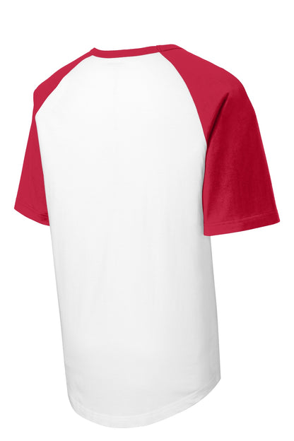 Rear View of White/Red Sport-Tek Youth Short Sleeve Colorblock Raglan Jersey. YT201