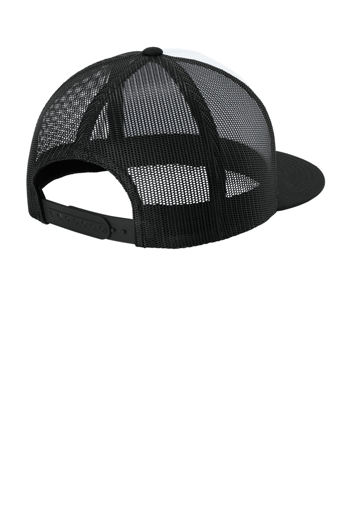 Rear View of Wht/Bk/Bk Sport-Tek YP Classics 5-Panel Classic Trucker Mesh Back Cap. STC38
