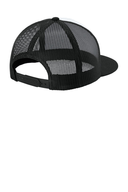 Rear View of Wht/Bk/Bk Sport-Tek YP Classics 5-Panel Classic Trucker Mesh Back Cap. STC38