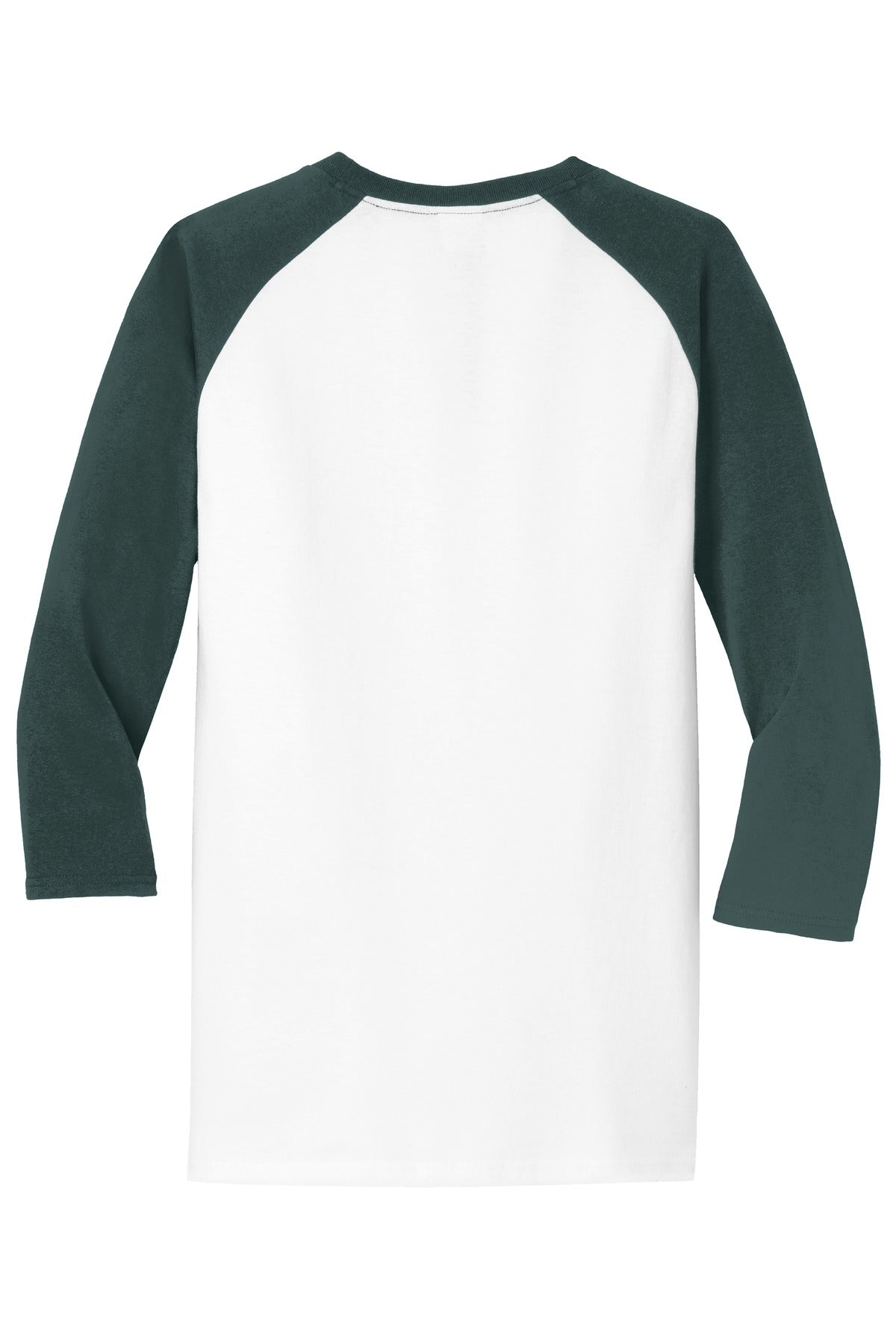 Rear View of Wht/Dark Green Port & Company Core Blend 3/4-Sleeve Raglan Tee. PC55RS