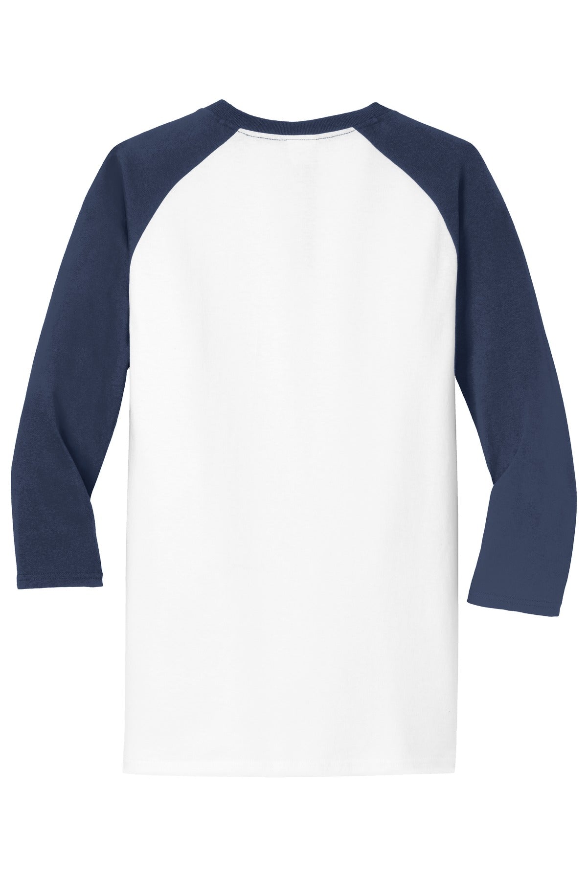 Rear View of Wht/Navy Port & Company Core Blend 3/4-Sleeve Raglan Tee. PC55RS