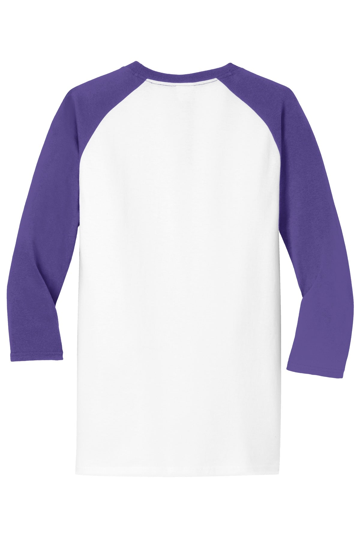 Rear View of Wht/Purple Port & Company Core Blend 3/4-Sleeve Raglan Tee. PC55RS