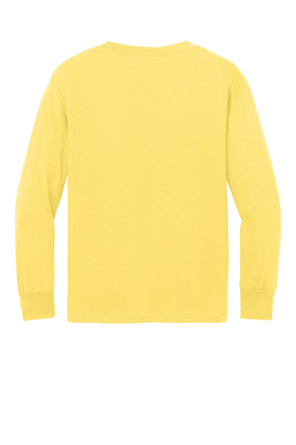 Rear View of Yellow Port & Company Youth Long Sleeve Core Cotton Tee. PC54YLS