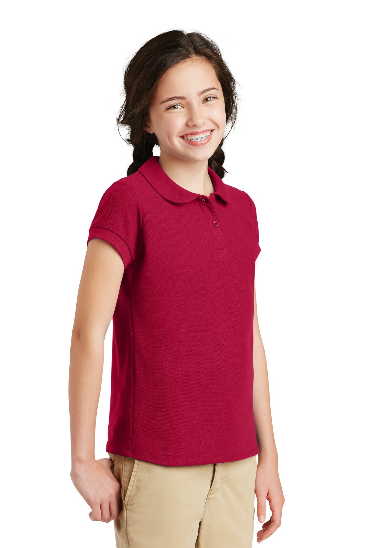 Red Port Authority Girls Silk Touch Peter Pan Collar Polo. YG503