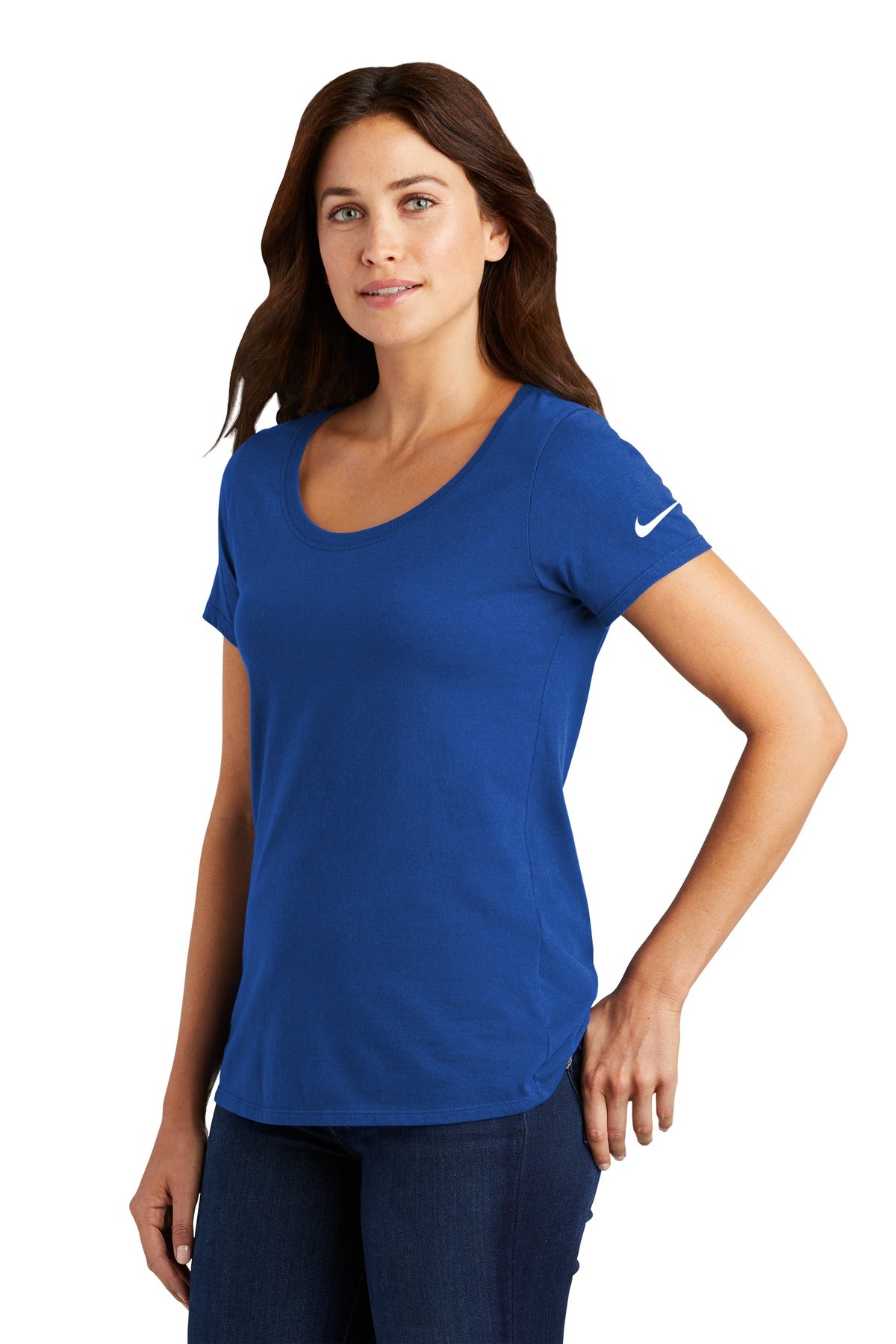 Rush Blue Nike Women's Dri-FIT Cotton/Poly Scoop Neck Tee. NKBQ5234