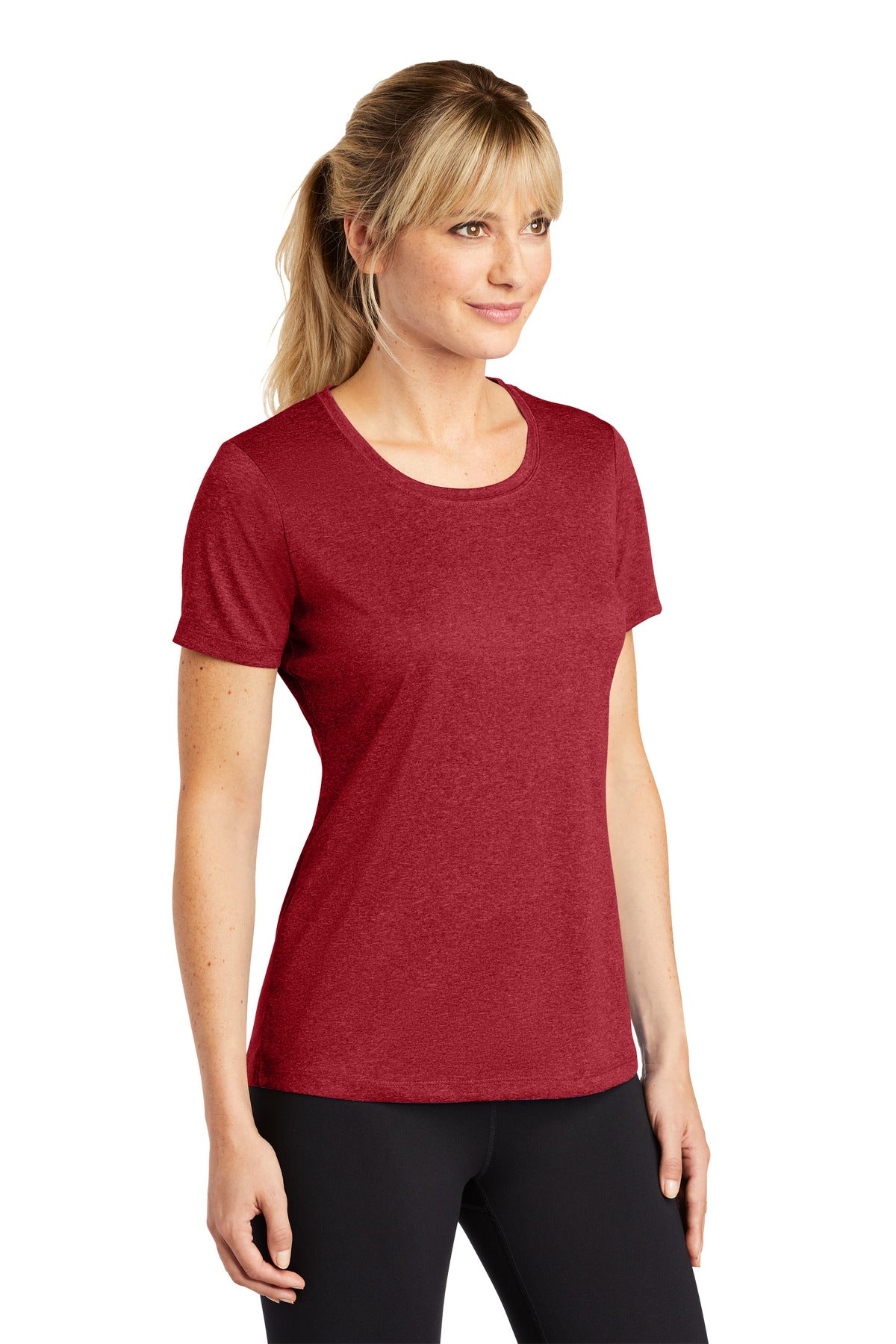 Scarlet Hthr Sport-Tek Women's Heather Contender Scoop Neck Tee. LST360