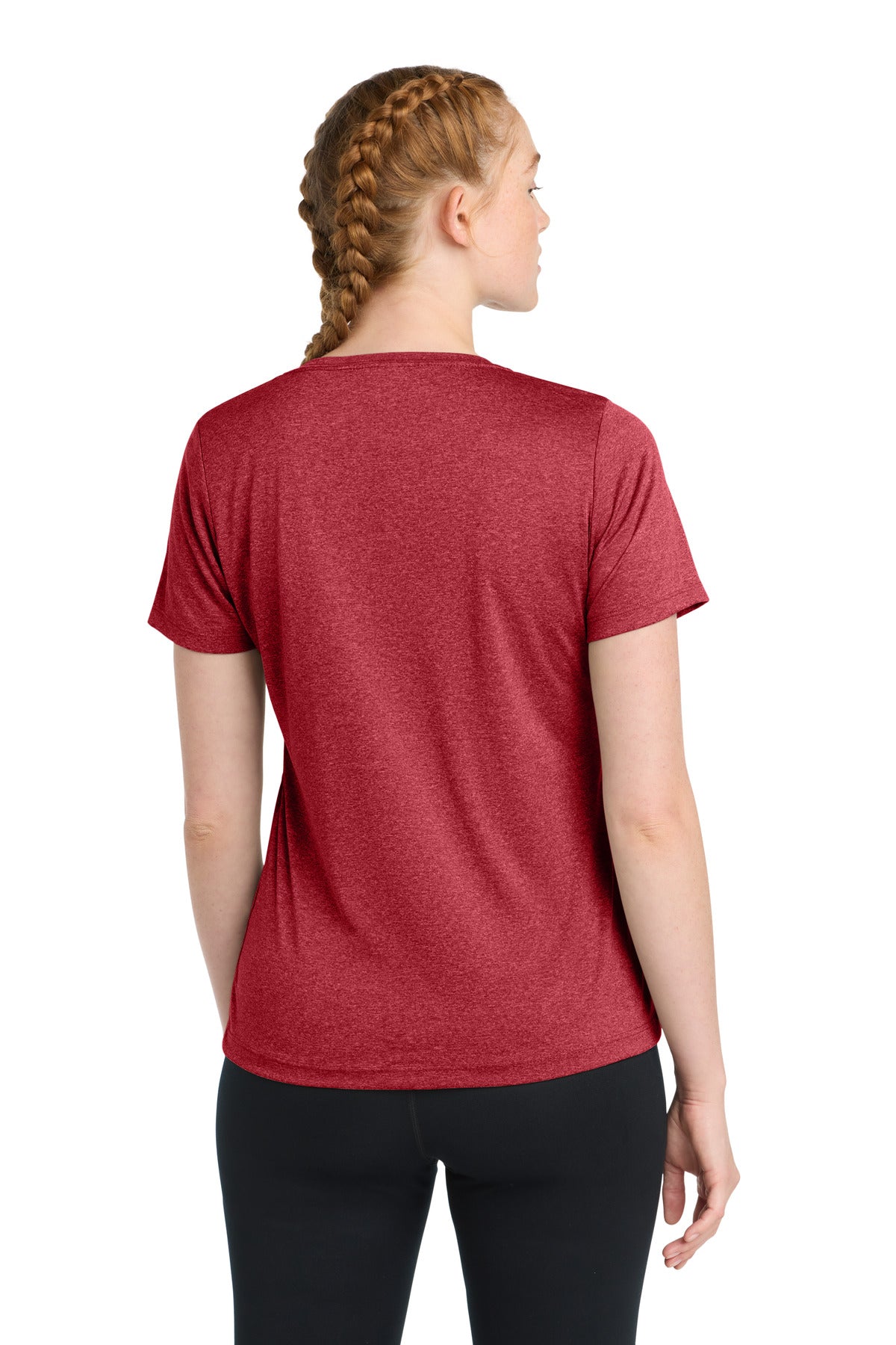 Scarlet Hthr Sport-Tek Women's Heather Contender Scoop Neck Tee. LST360