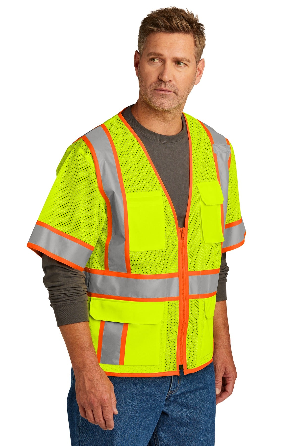 SftyYellow CornerStone ANSI 107 Class 3 Surveyor Mesh Zippered Two-Tone Short Sleeve Vest. CSV106