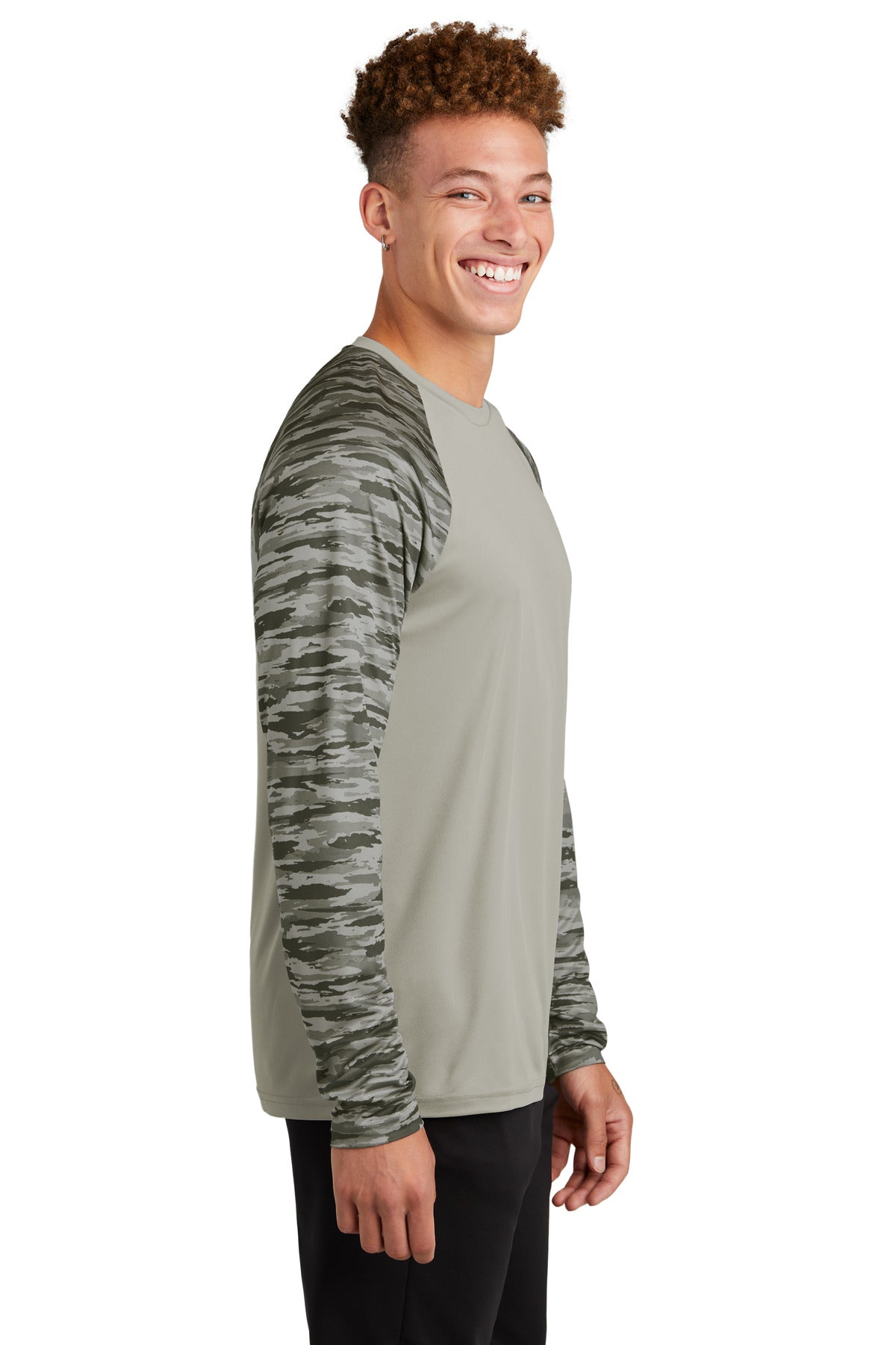 Silver Sport-Tek Drift Camo Colorblock Long Sleeve Tee ST376LS