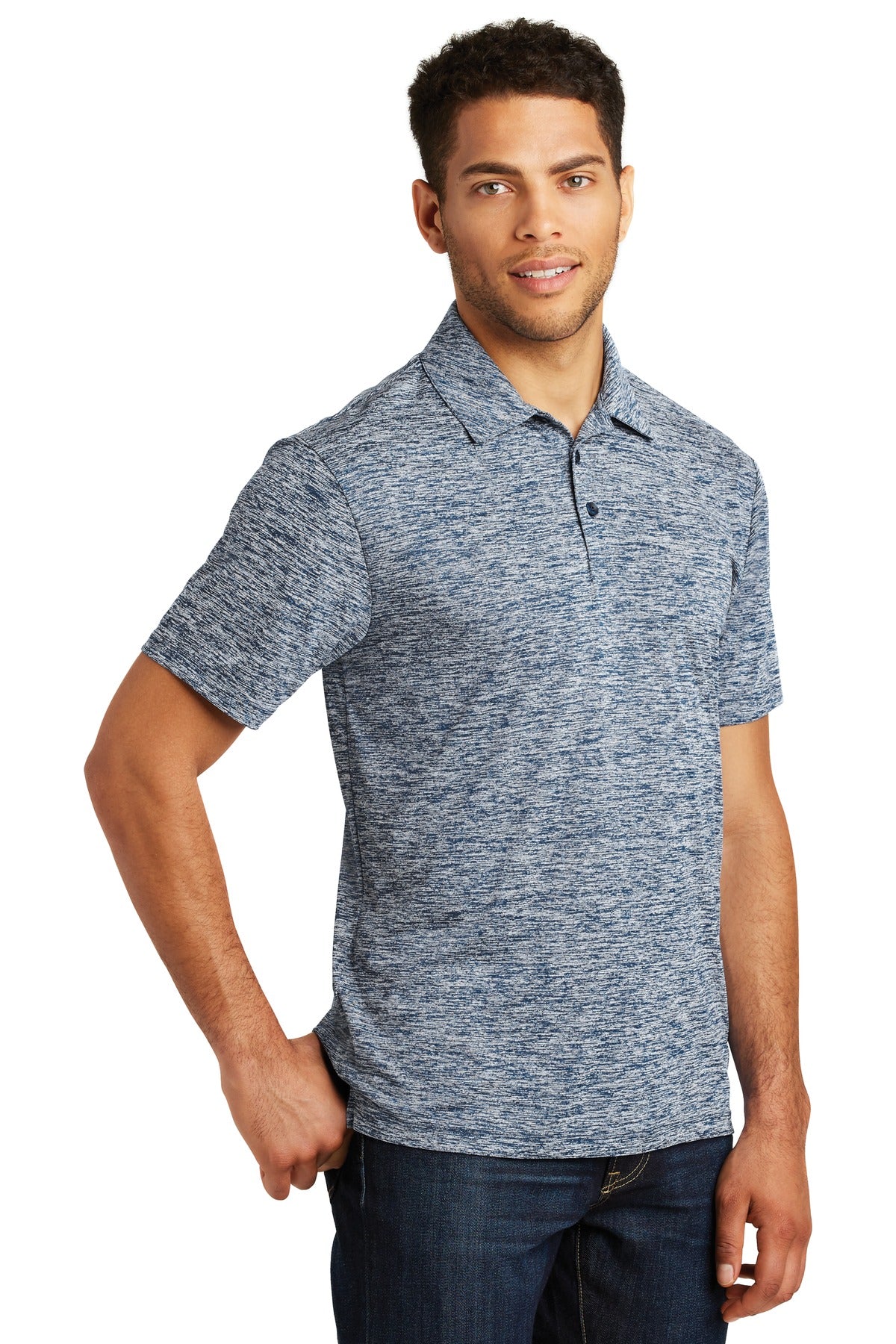 True Navy Elec Sport-Tek PosiCharge Electric Heather Polo. ST590