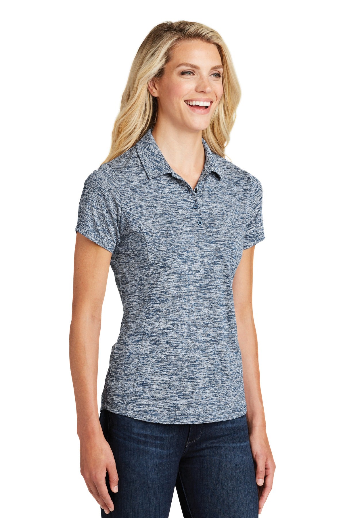 True Navy Elec Sport-Tek Women's PosiCharge Electric Heather Polo. LST590