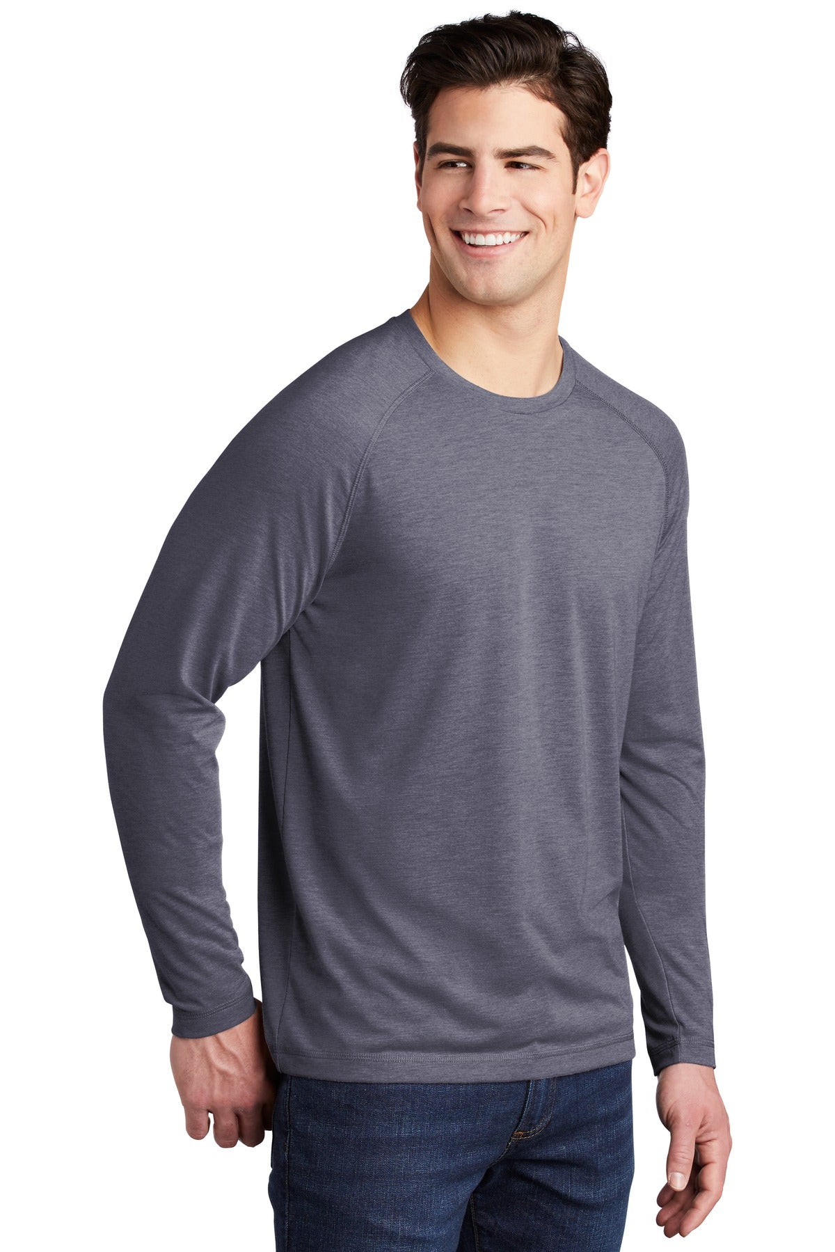 True Navy Hthr Sport-Tek PosiCharge Long Sleeve Tri-Blend Wicking Raglan Tee ST400LS