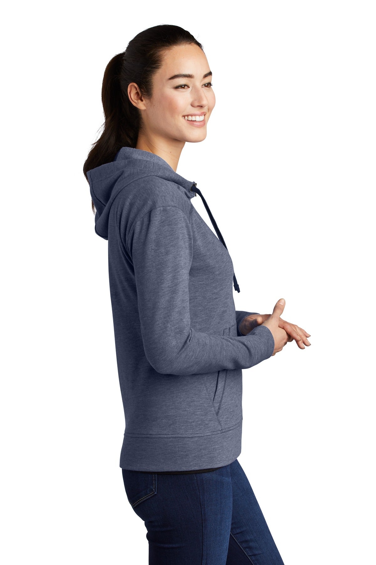 True Navy Hthr Sport-Tek Women's PosiCharge Tri-Blend Wicking Fleece Full-Zip Hooded Jacket LST293