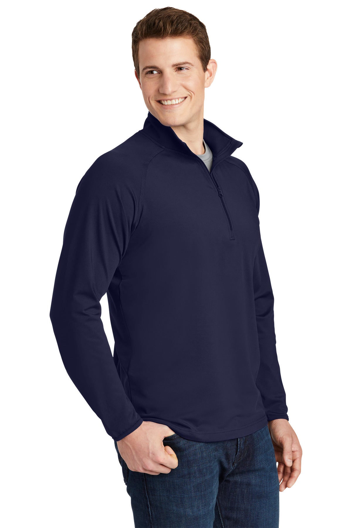 True Navy Sport-Tek Sport-Wick Stretch 1/4-Zip Pullover. ST850