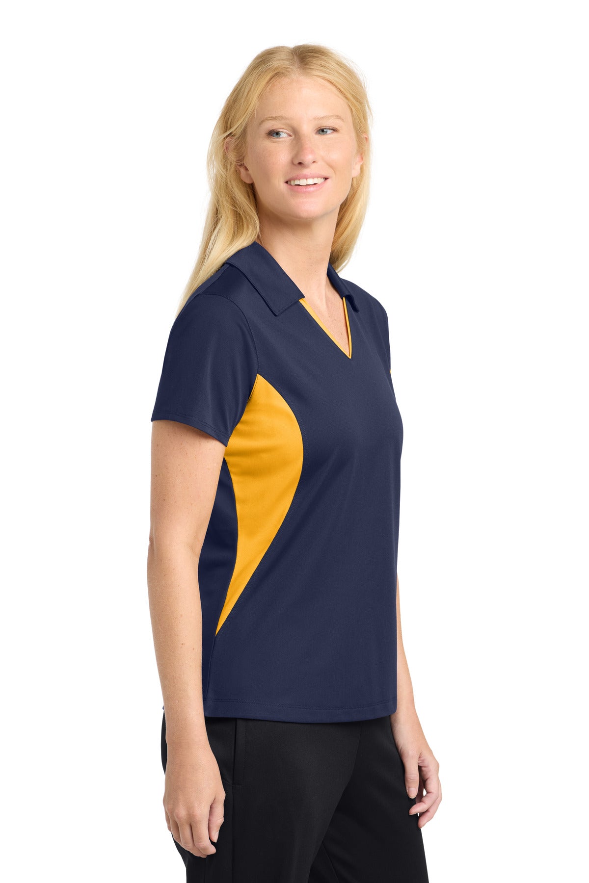 True Navy/Gold Sport-Tek Women's Side Blocked Micropique Sport-Wick Polo. LST655
