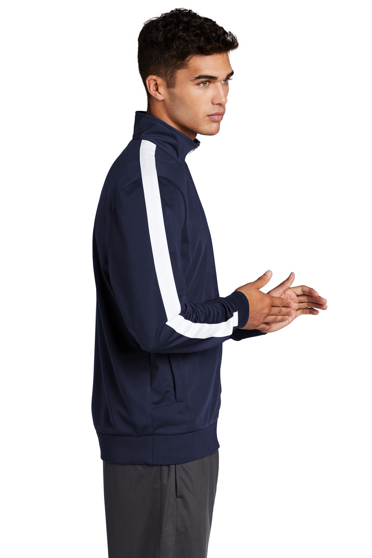 True Navy/Wht Sport-Tek Tricot Sleeve Stripe Track Jacket. JST94
