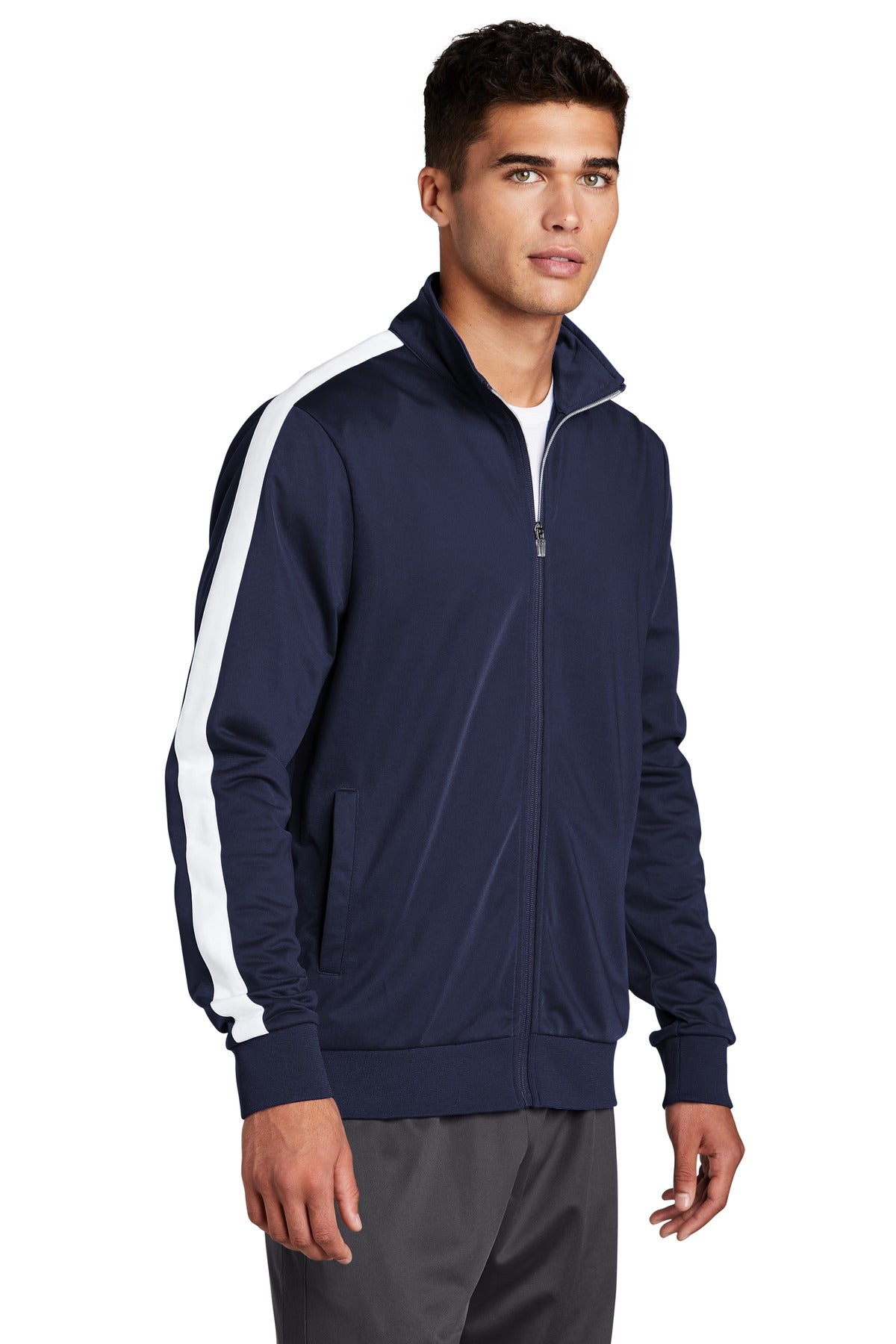 True Navy/Wht Sport-Tek Tricot Sleeve Stripe Track Jacket. JST94