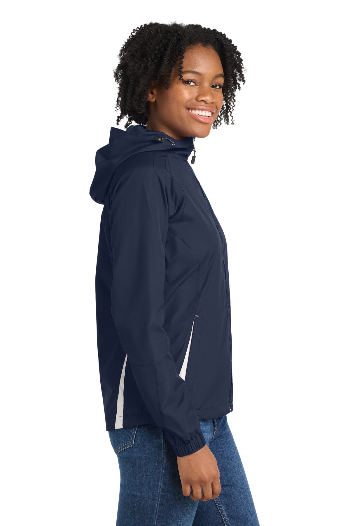 True Navy/Wht Sport-Tek Women's Colorblock Hooded Raglan Jacket. LST76