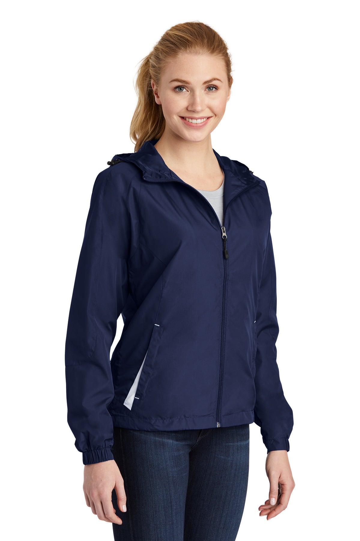True Navy/Wht Sport-Tek Women's Colorblock Hooded Raglan Jacket. LST76