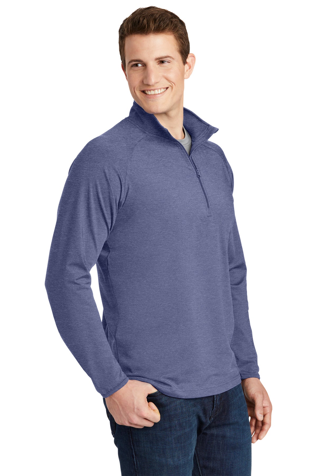 True Nvy Hthr Sport-Tek Sport-Wick Stretch 1/4-Zip Pullover. ST850