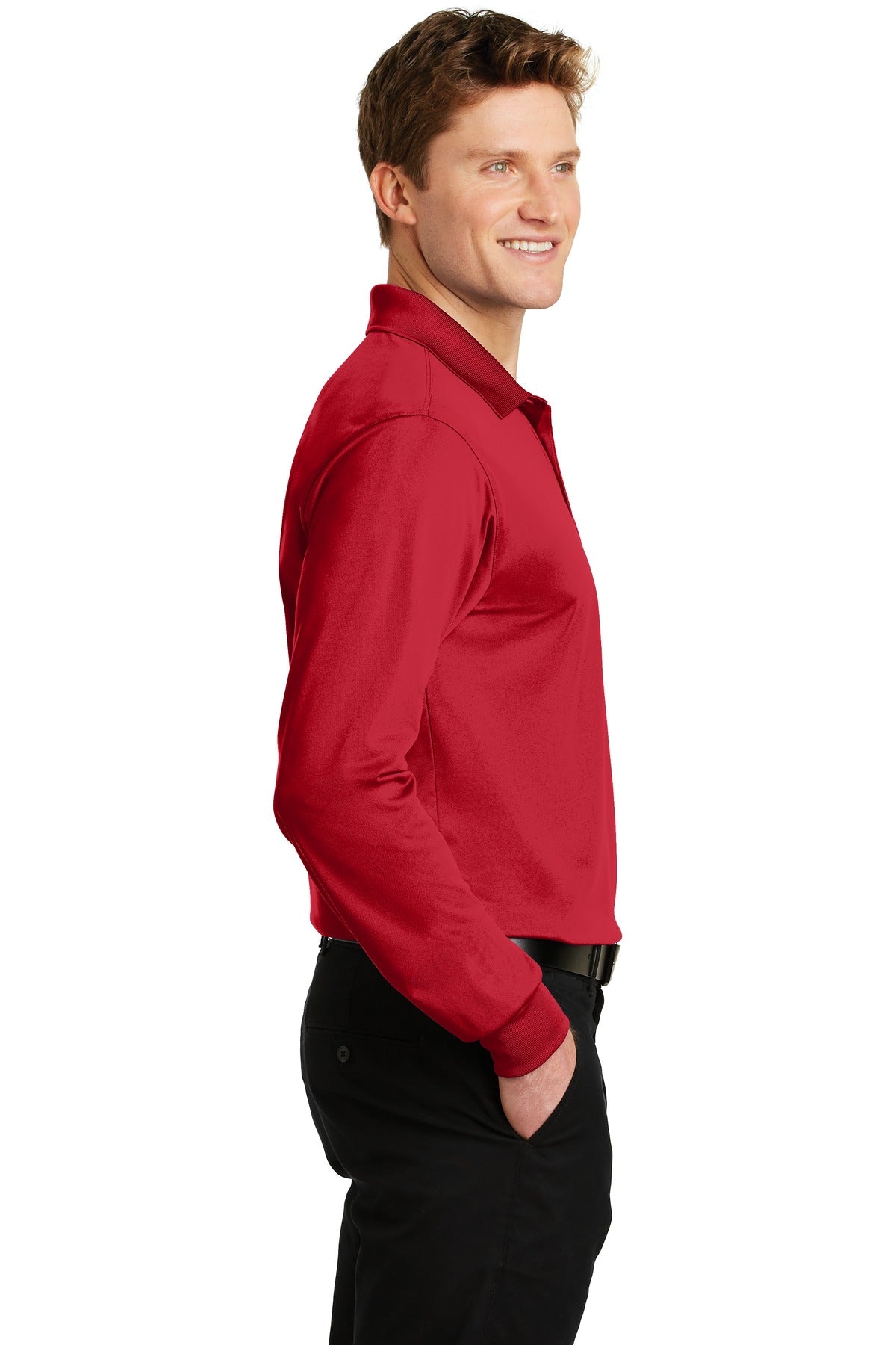 True Red Sport-Tek Long Sleeve Micropique Sport-Wick Polo. ST657