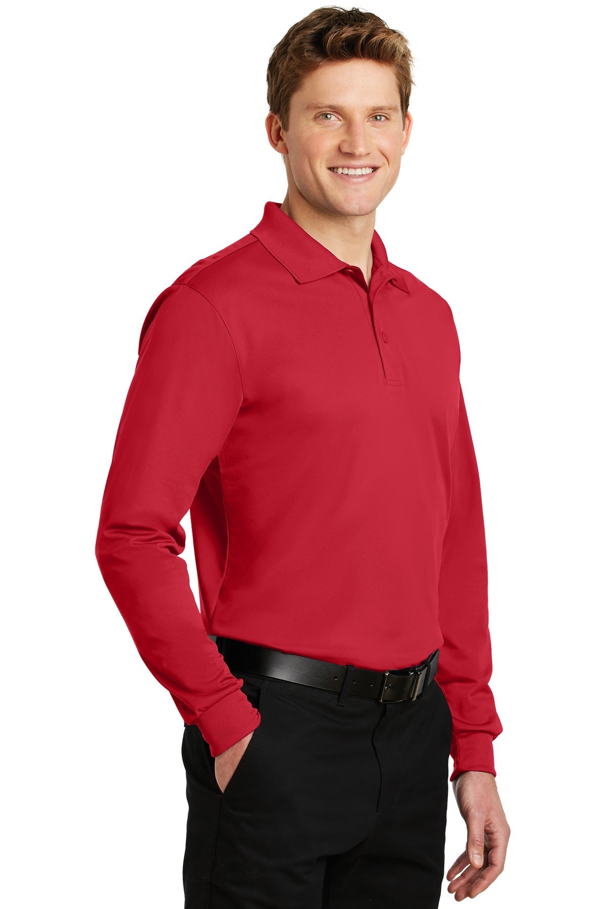 True Red Sport-Tek Long Sleeve Micropique Sport-Wick Polo. ST657