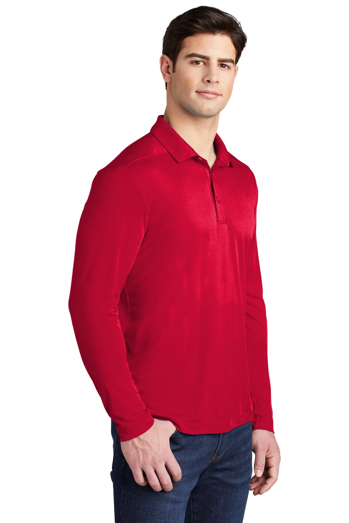 True Red Sport-Tek Posi-UV Pro Long Sleeve Polo. ST520LS