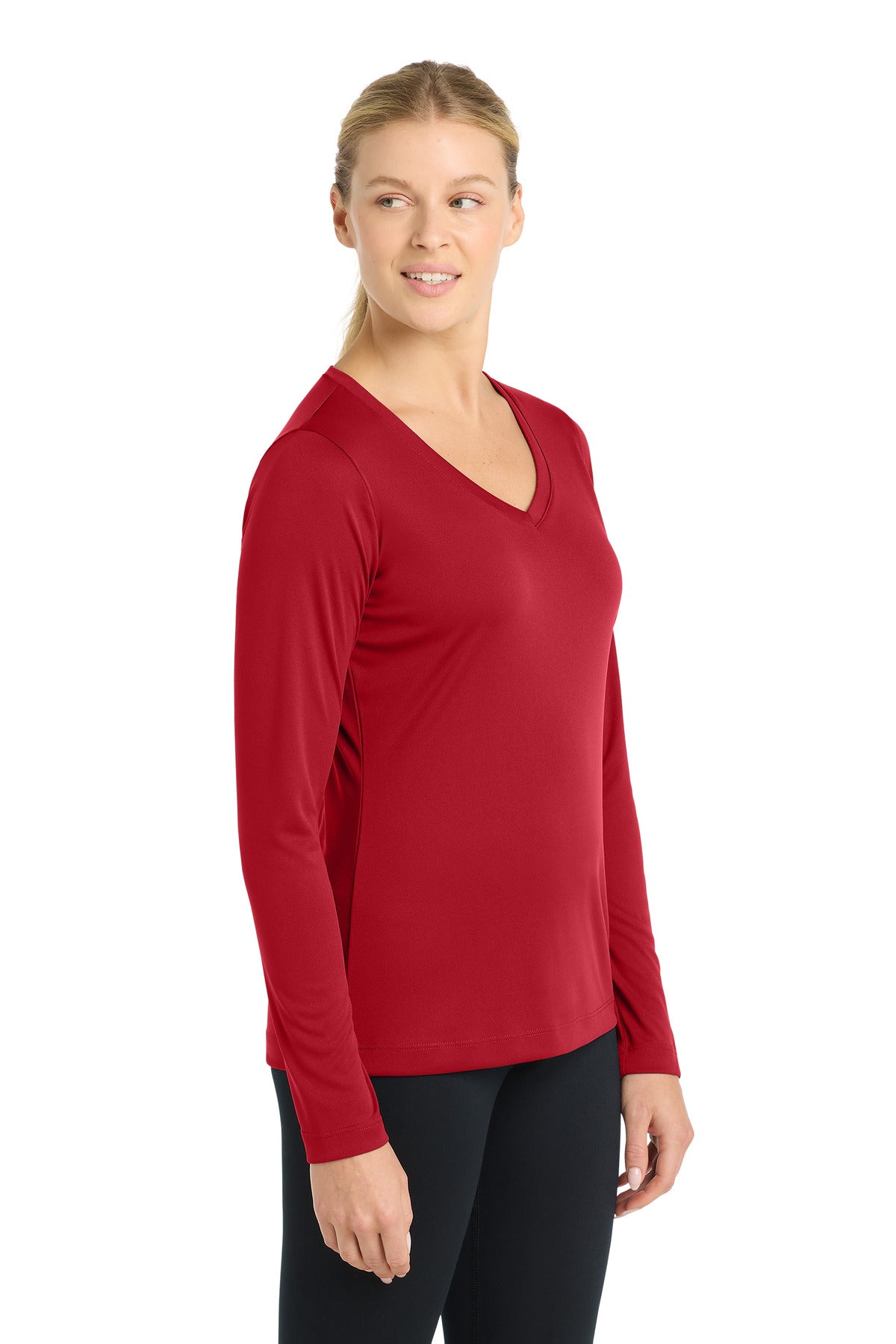 True Red Sport-Tek Women's Long Sleeve PosiCharge Competitor V-Neck Tee. LST353LS