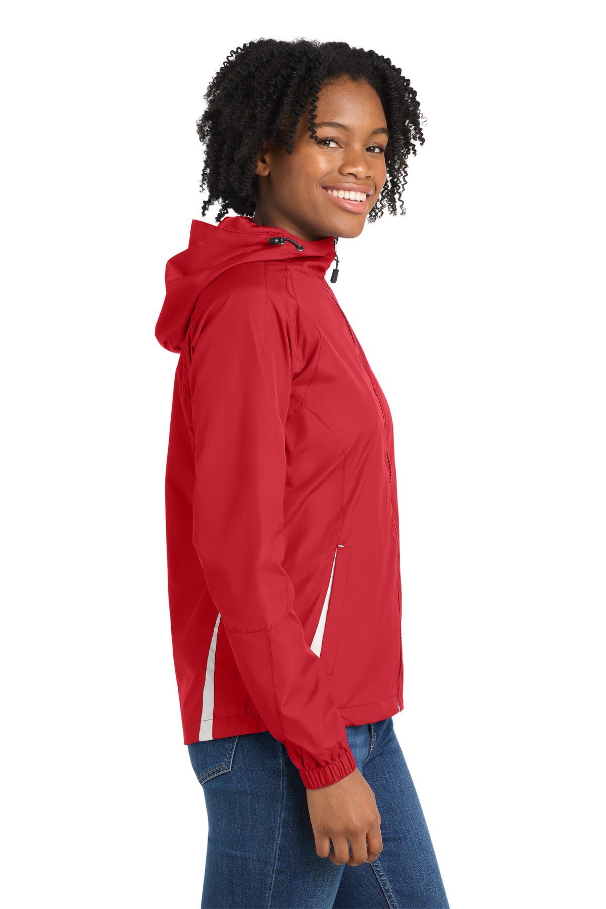 True Red/Wht Sport-Tek Women's Colorblock Hooded Raglan Jacket. LST76