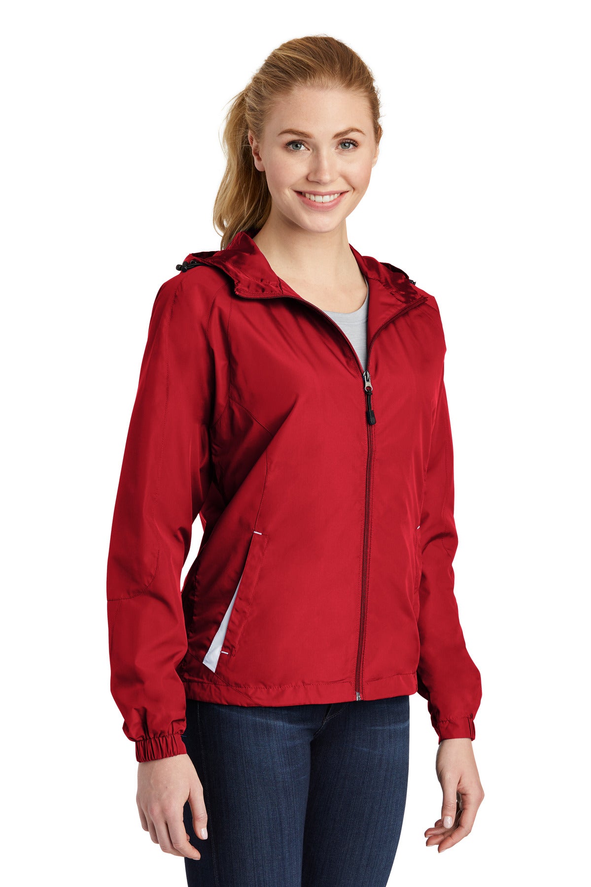 True Red/Wht Sport-Tek Women's Colorblock Hooded Raglan Jacket. LST76